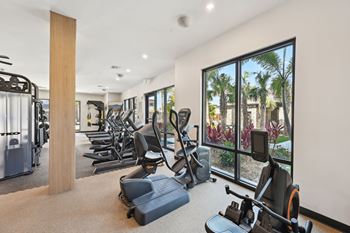 A gym with a variety of equipment including treadmills, weights, and exercise machines.